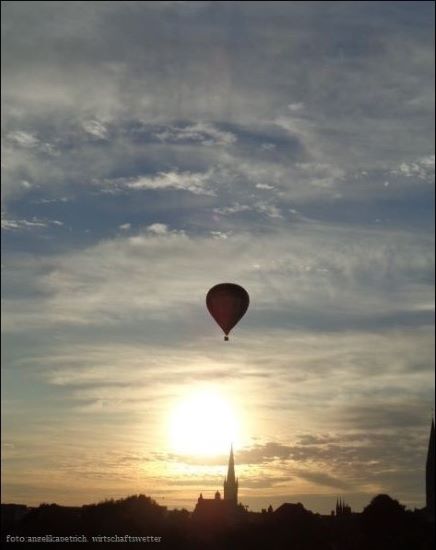 Ballon über Lübeck, Petrikirche bei Sonnenuntergang